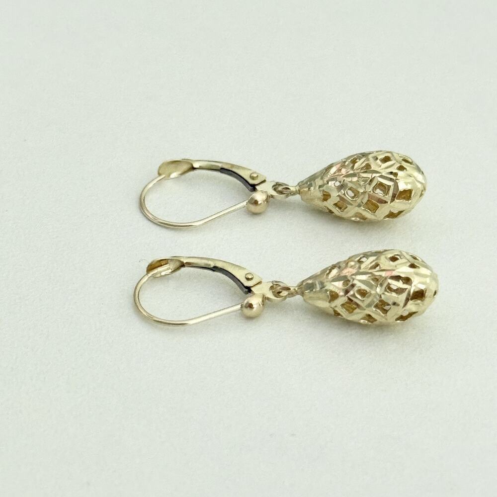 Vintage 14K Yellow Gold Egg Teardrop Openwork Leverback Dangle Earrings